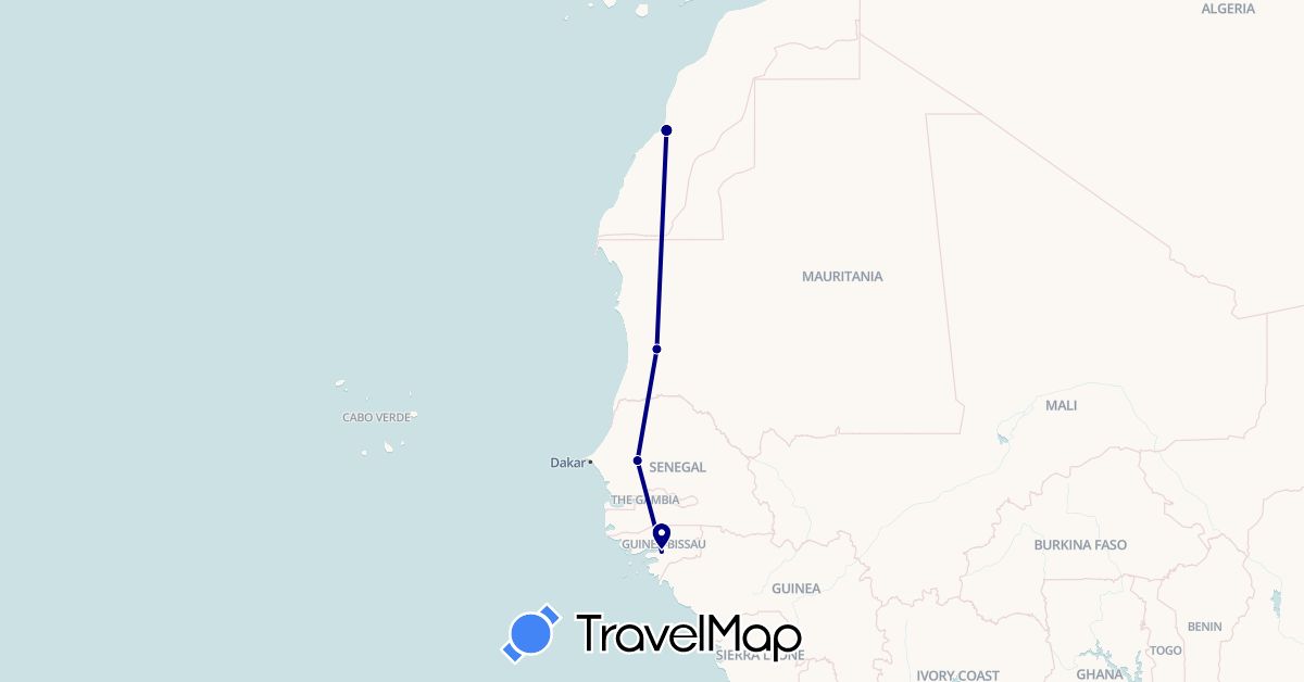 TravelMap itinerary: driving in Guinea-Bissau, Morocco, Mauritania, Senegal (Africa)